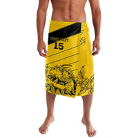 Yellow football lavalava with black trim, graphic print, custom text and 15