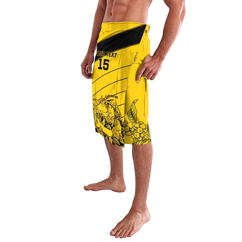 Yellow football lavalava with black diagonal panel, custom text and number 15