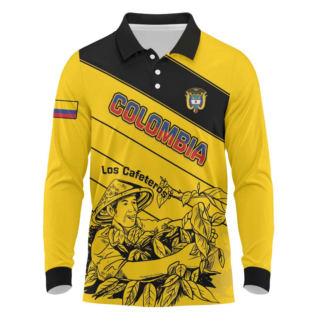 Custom Colombia Football Long Sleeve Polo Shirt Go Los Cafeteros