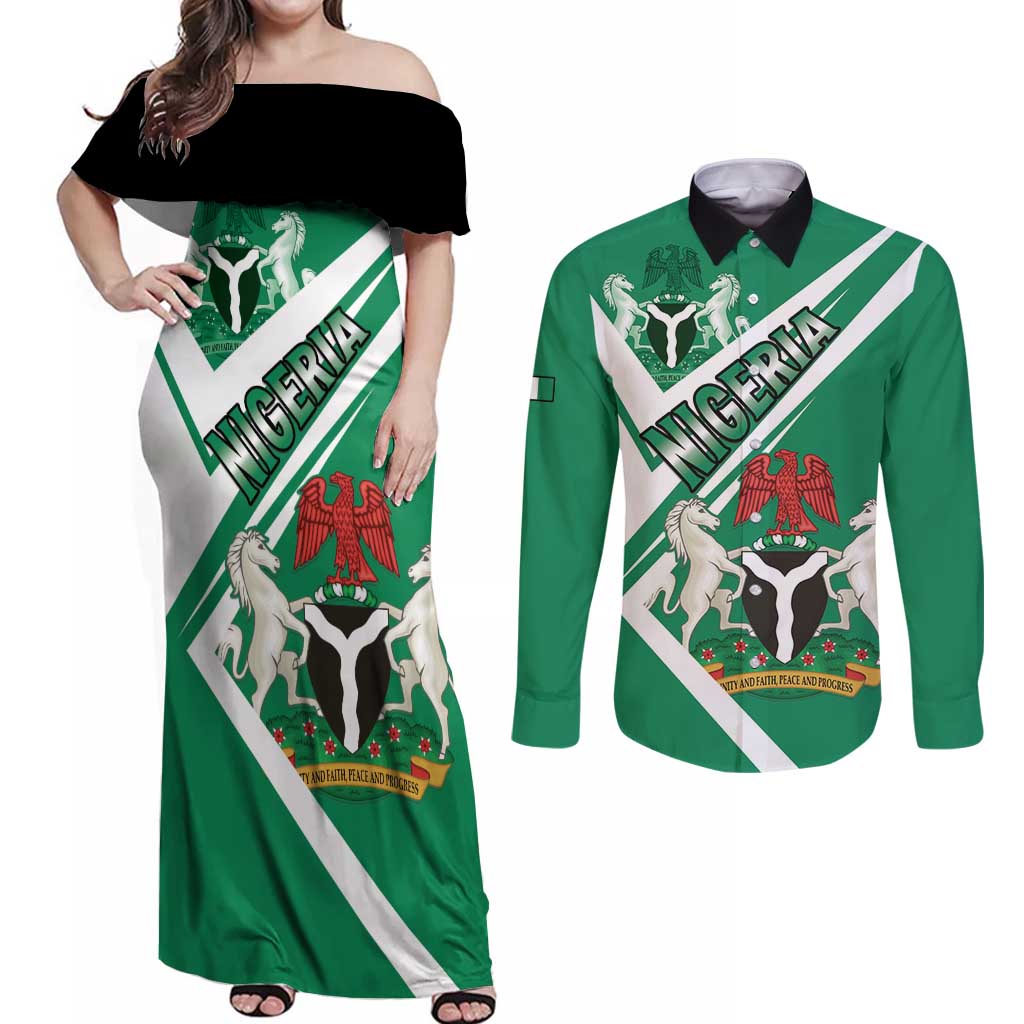 Nigeria Coat Of Arms Couples Matching Off Shoulder Maxi Dress and Long Sleeve Button Shirt Sporty Style