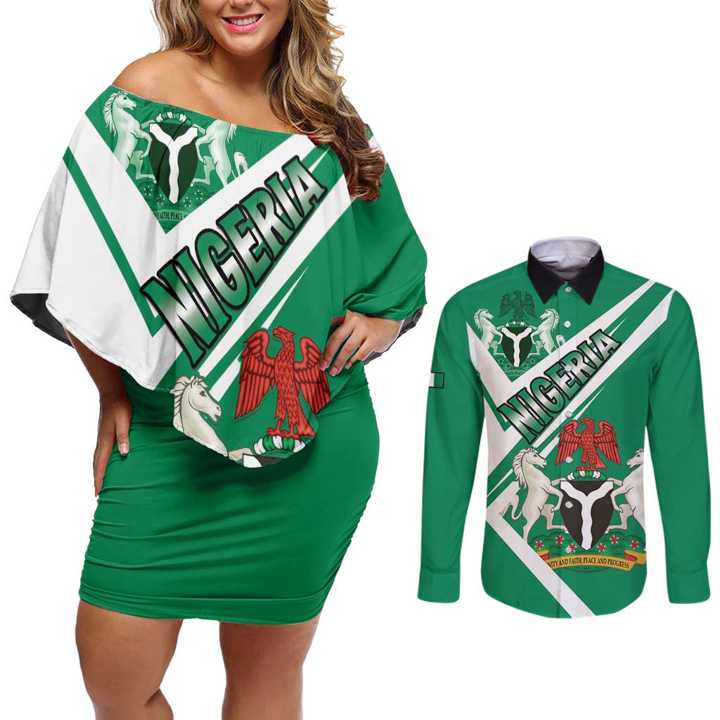 Nigeria Coat Of Arms Couples Matching Off Shoulder Short Dress and Long Sleeve Button Shirt Sporty Style