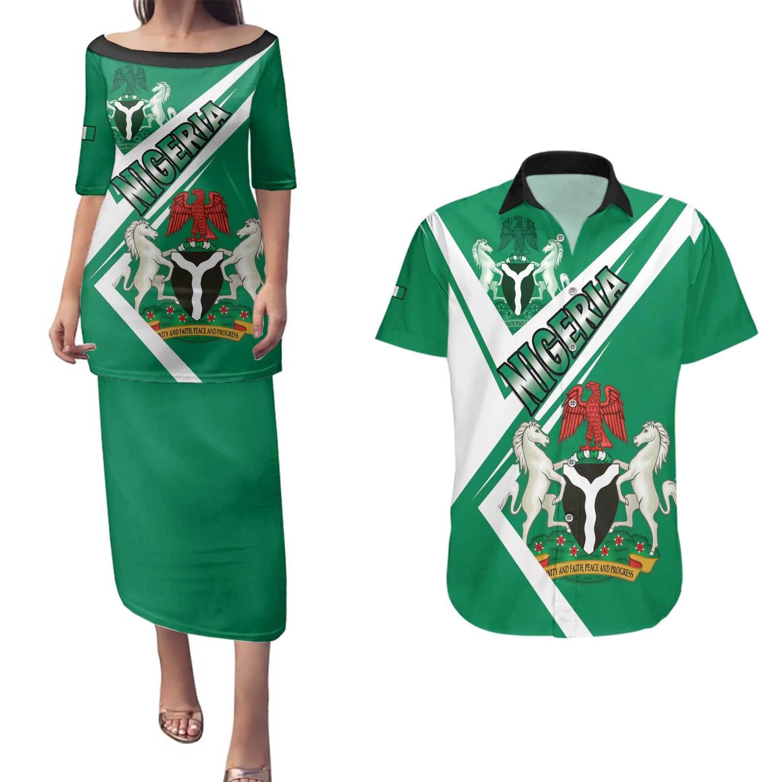 Nigeria Coat Of Arms Couples Matching Puletasi and Hawaiian Shirt Sporty Style