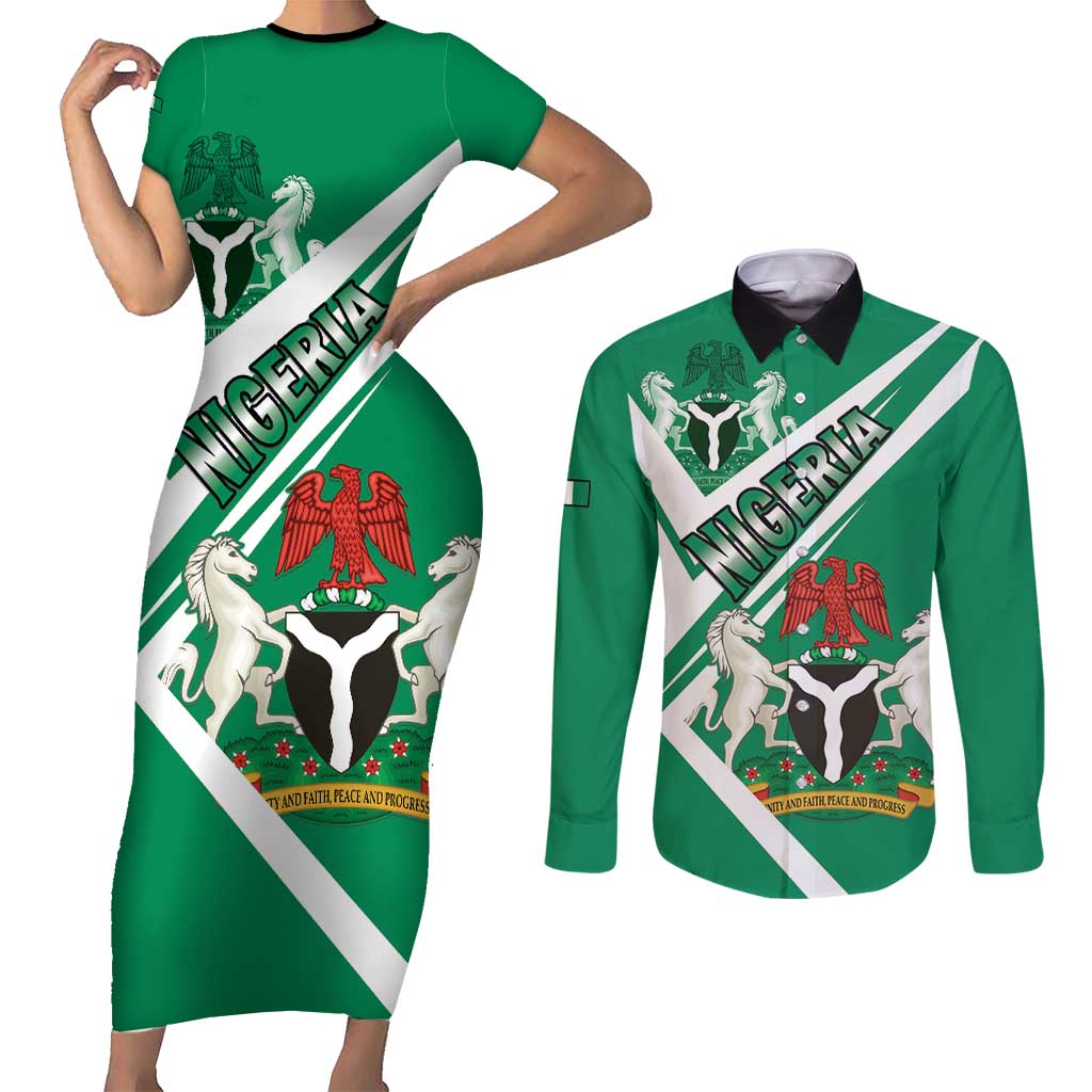 Nigeria Coat Of Arms Couples Matching Short Sleeve Bodycon Dress and Long Sleeve Button Shirt Sporty Style