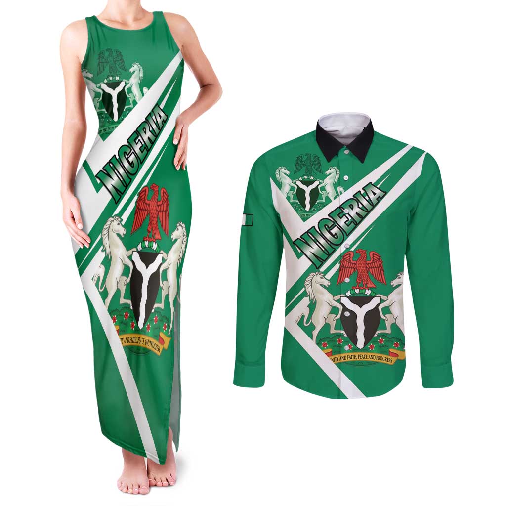 Nigeria Coat Of Arms Couples Matching Tank Maxi Dress and Long Sleeve Button Shirt Sporty Style