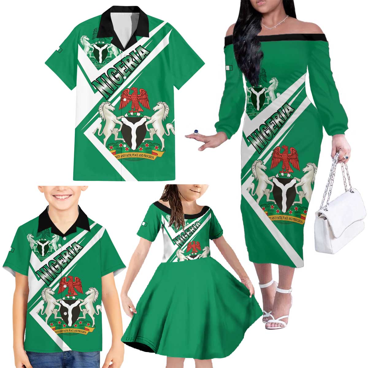 Nigeria Coat Of Arms Family Matching Off The Shoulder Long Sleeve Dress and Hawaiian Shirt Sporty Style