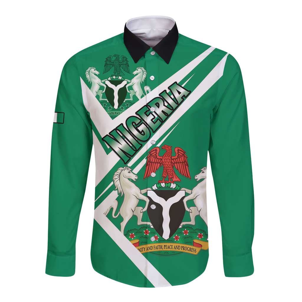 Green long-sleeve button-up shirt with Nigeria coat-of-arms front graphic
