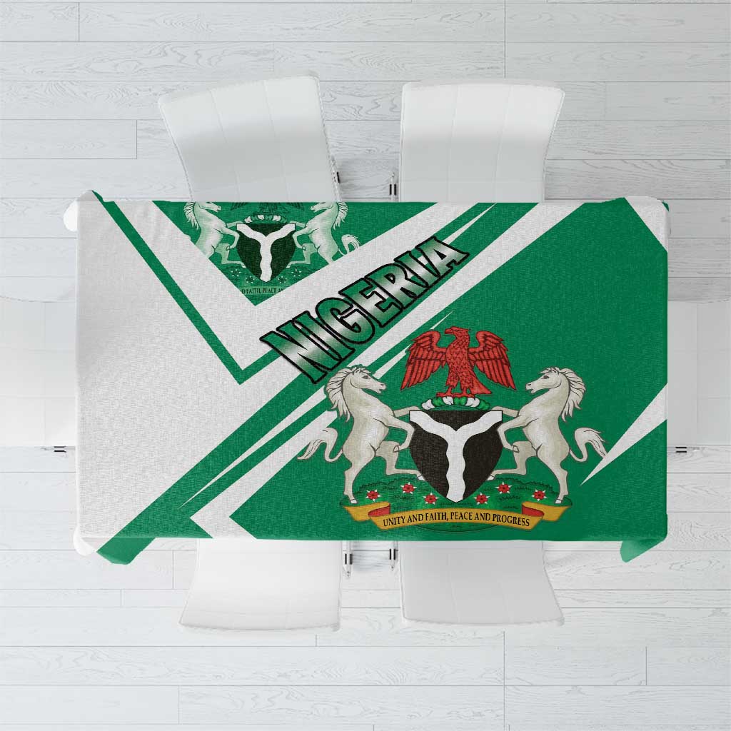 Nigeria coat of arms tablecloth, green with white diagonal stripes and central crest.