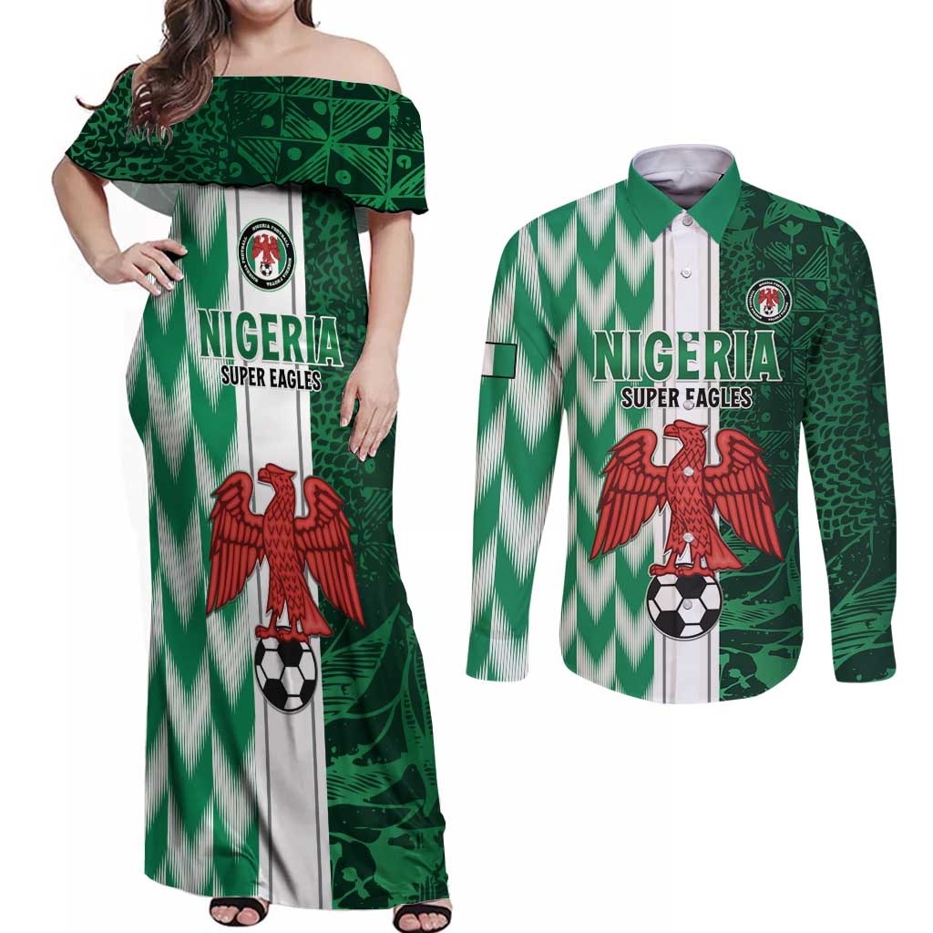 Custom Nigeria Football Couples Matching Off Shoulder Maxi Dress and Long Sleeve Button Shirt Come On Super Eagles