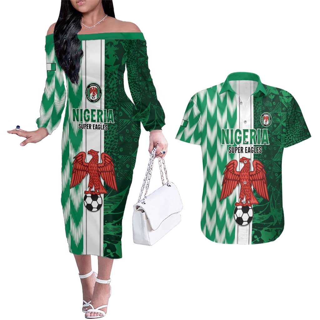 Custom Nigeria Football Couples Matching Off The Shoulder Long Sleeve Dress and Hawaiian Shirt Come On Super Eagles