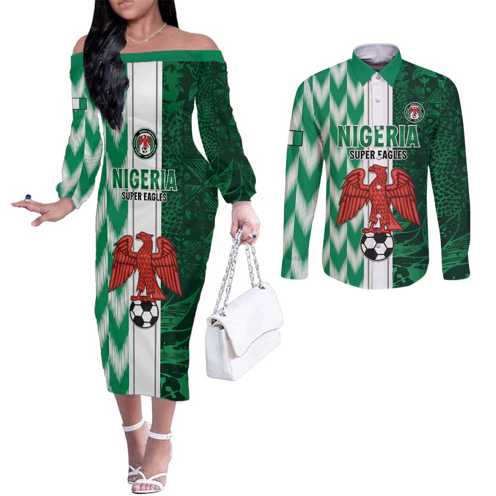 Custom Nigeria Football Couples Matching Off The Shoulder Long Sleeve Dress and Long Sleeve Button Shirt Come On Super Eagles