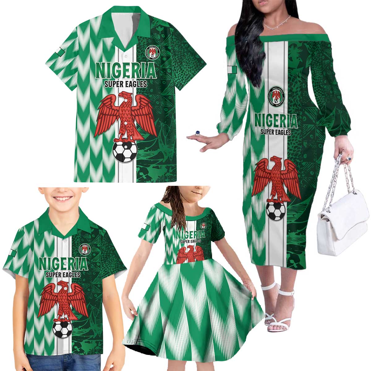 Custom Nigeria Football Family Matching Off The Shoulder Long Sleeve Dress and Hawaiian Shirt Come On Super Eagles