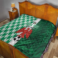 Green and white custom football quilt on bed, showing “Your Text” and Super Eagles crest