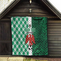 Green and white Super Eagles custom quilt with “Your Text” and soccer ball, shown on wall