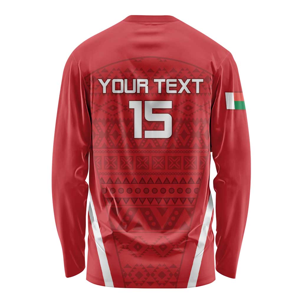 Red long-sleeve football jersey back with '15' number and Your Text graphic