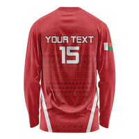 Red long-sleeve football jersey back with '15' number and Your Text graphic