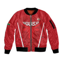 Red zip-up bomber jacket with black ribbed collar and cuffs, front crest and badge print