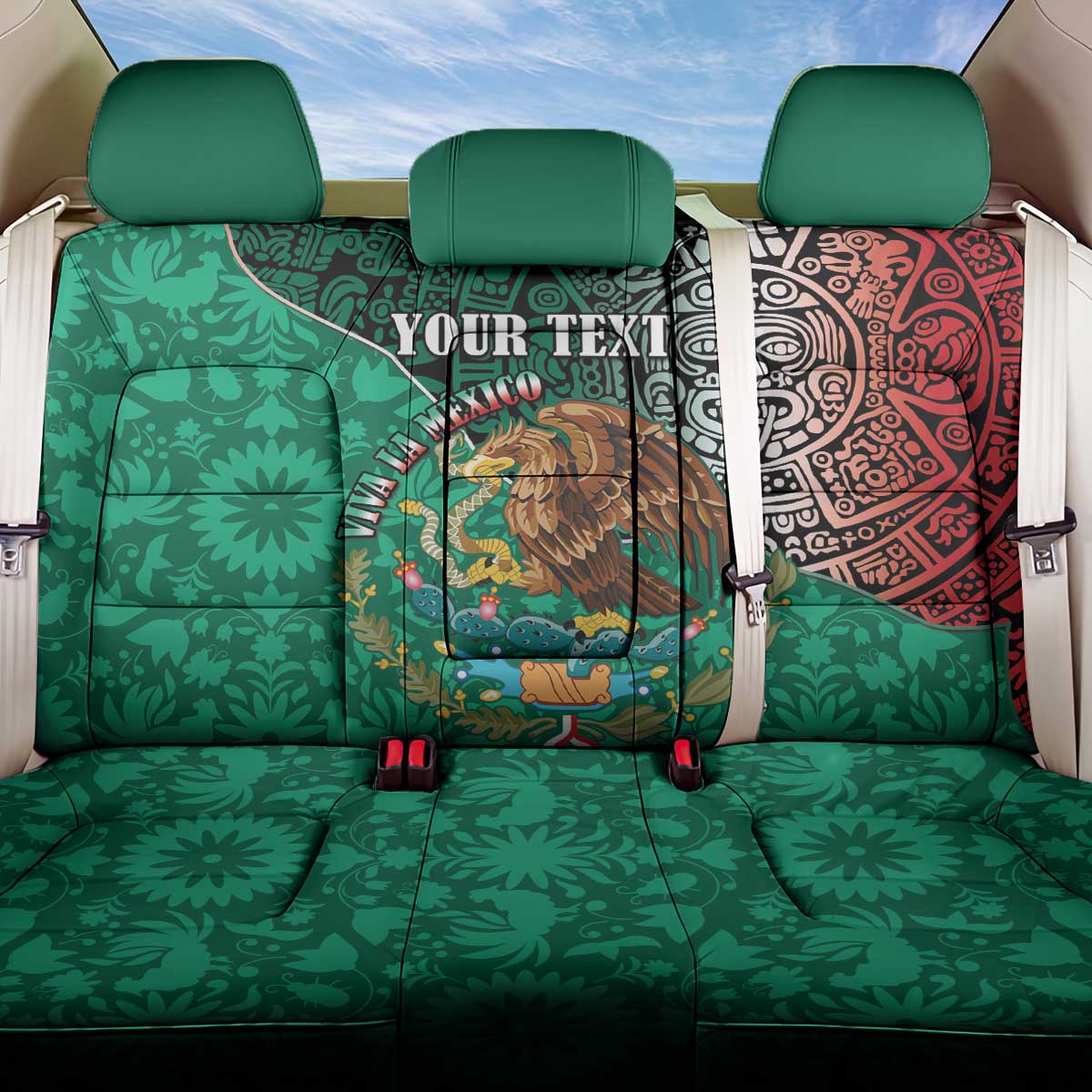 Personalised Viva La Mexico Back Car Seat Cover Coat Of Arms Aztec Mix Otomi Patterns - Wonder Print Shop