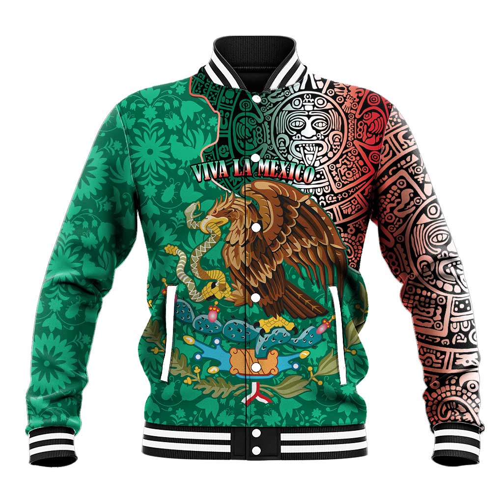 Green baseball jacket with colorful Aztec/Otomi patterns, striped ribbed collar and cuffs.