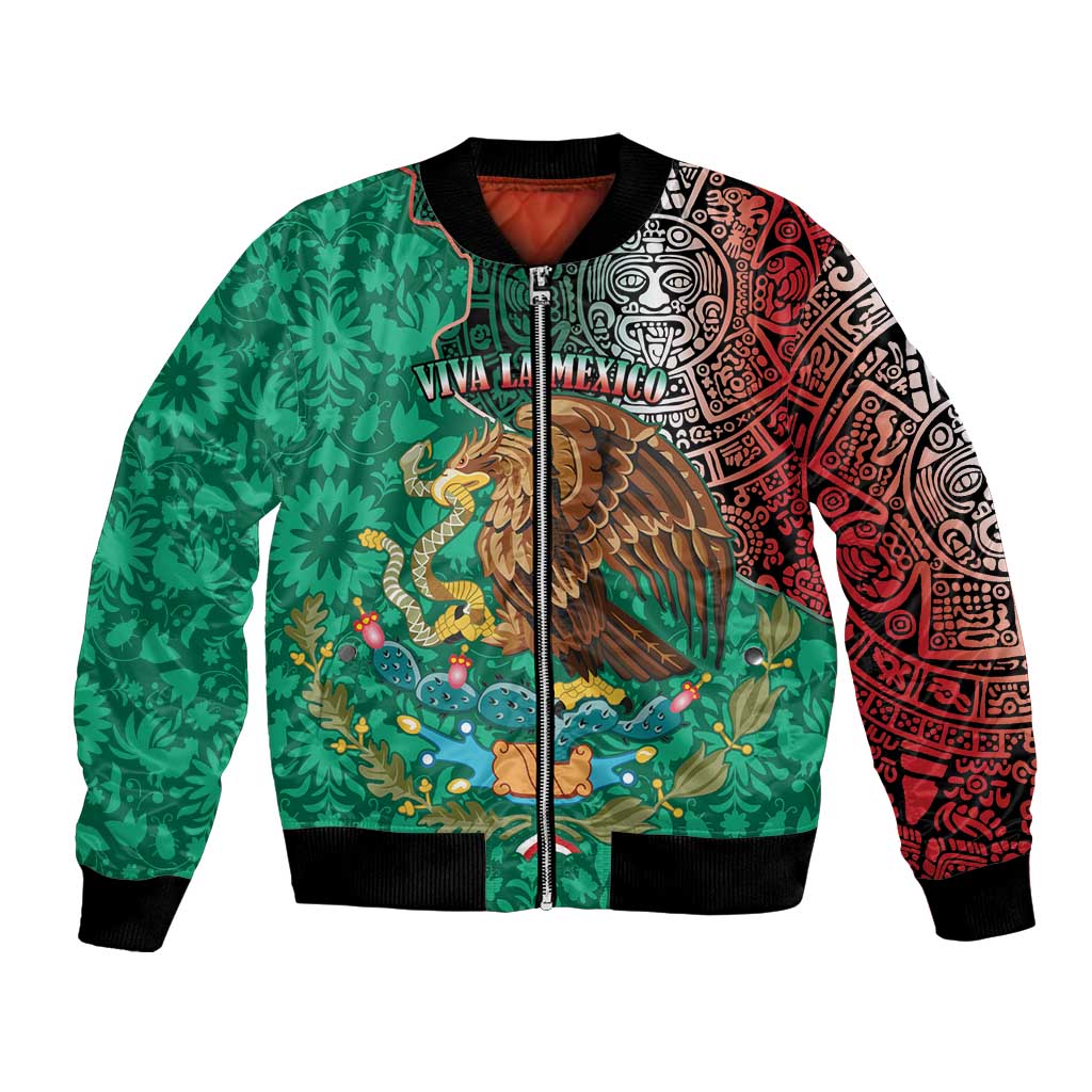 Green bomber jacket with front zipper, Aztec patchwork sleeves, eagle crest with multicolor details