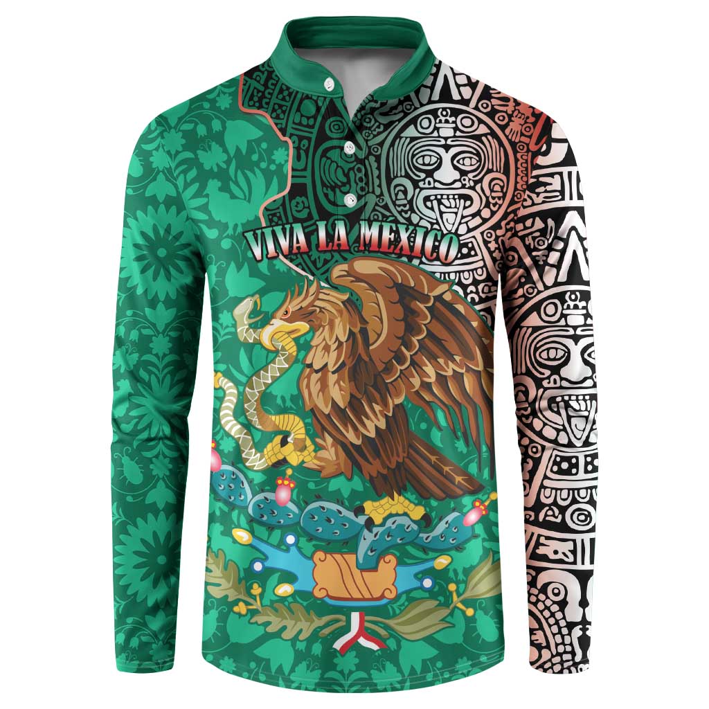 Green button sweatshirt with Aztec/Otomi patterns and winged lion graphic