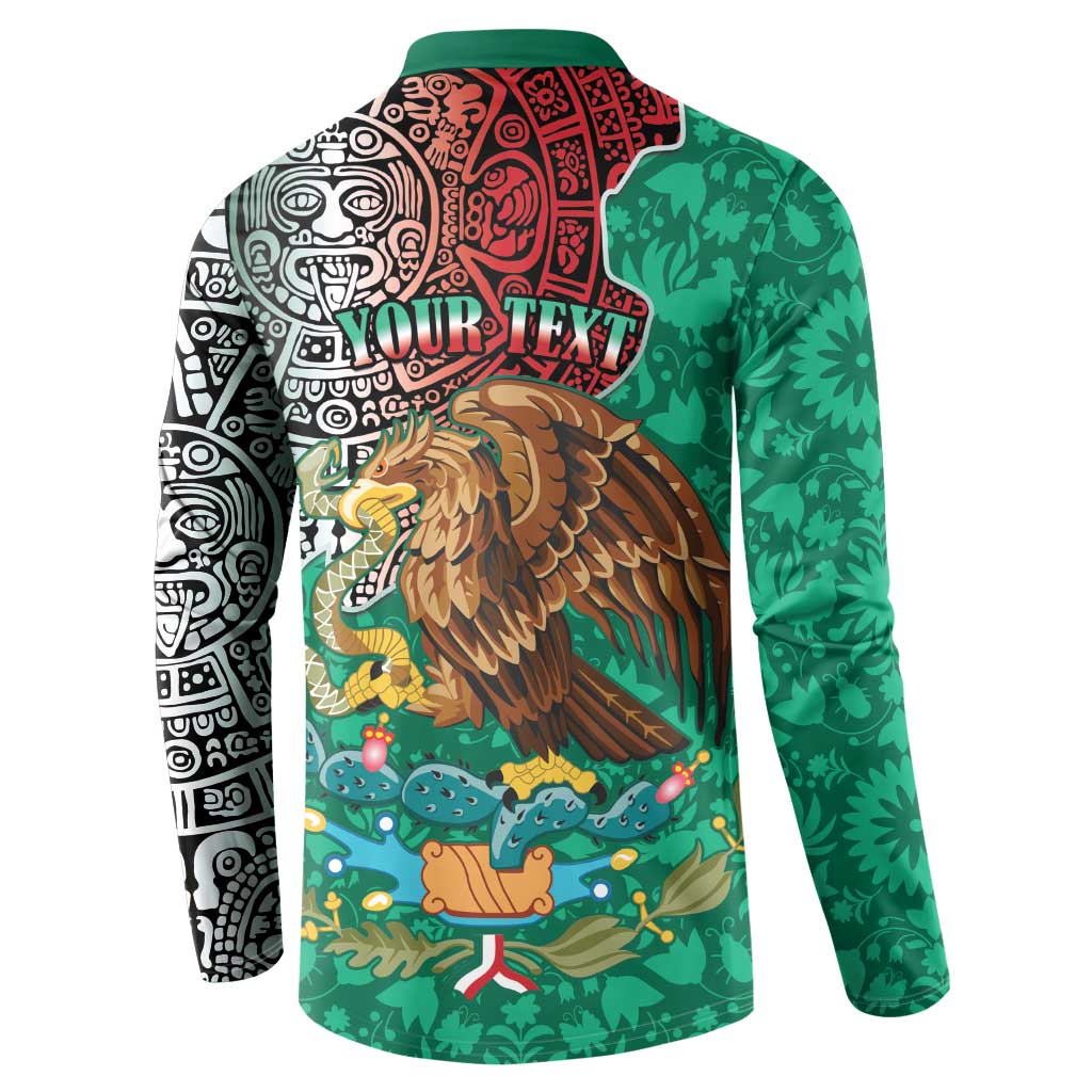 Button sweatshirt with 'YOUR TEXT' back print, Aztec/Otomi patterns, winged lion graphic