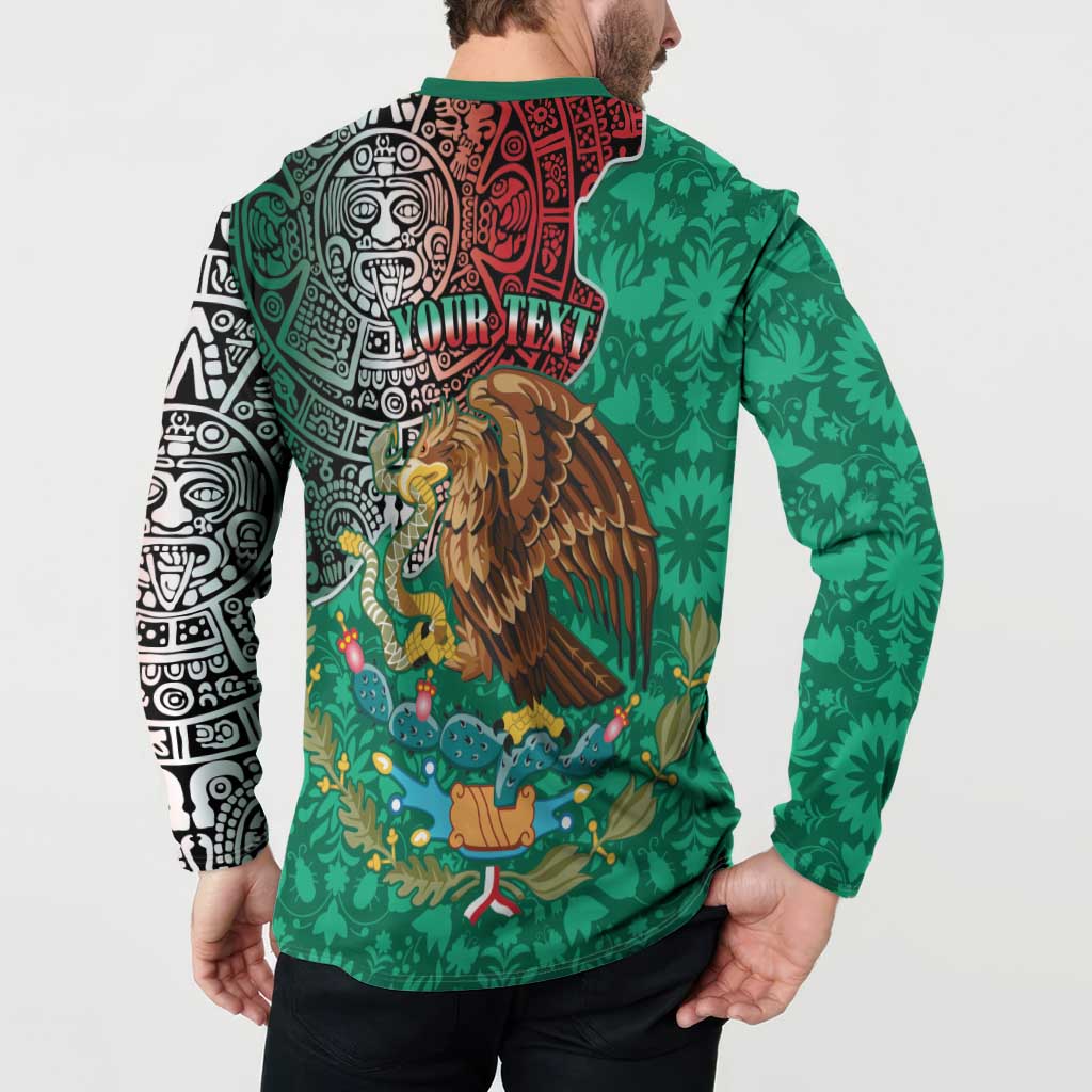 Green button sweatshirt back print with Aztec/Otomi patterns and winged lion graphic