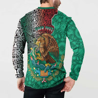 Green button sweatshirt back print with Aztec/Otomi patterns and winged lion graphic