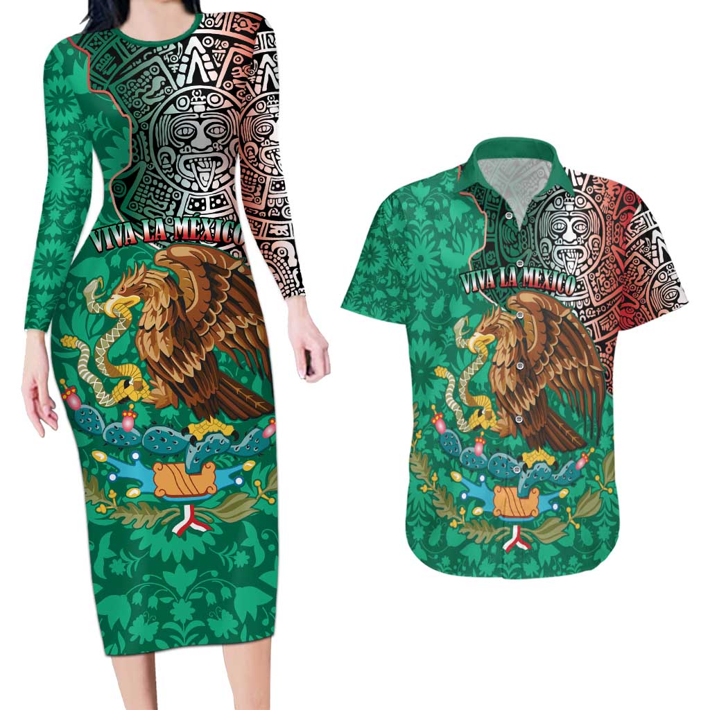 Personalised Viva La Mexico Couples Matching Long Sleeve Bodycon Dress and Hawaiian Shirt Coat Of Arms Aztec Mix Otomi Patterns