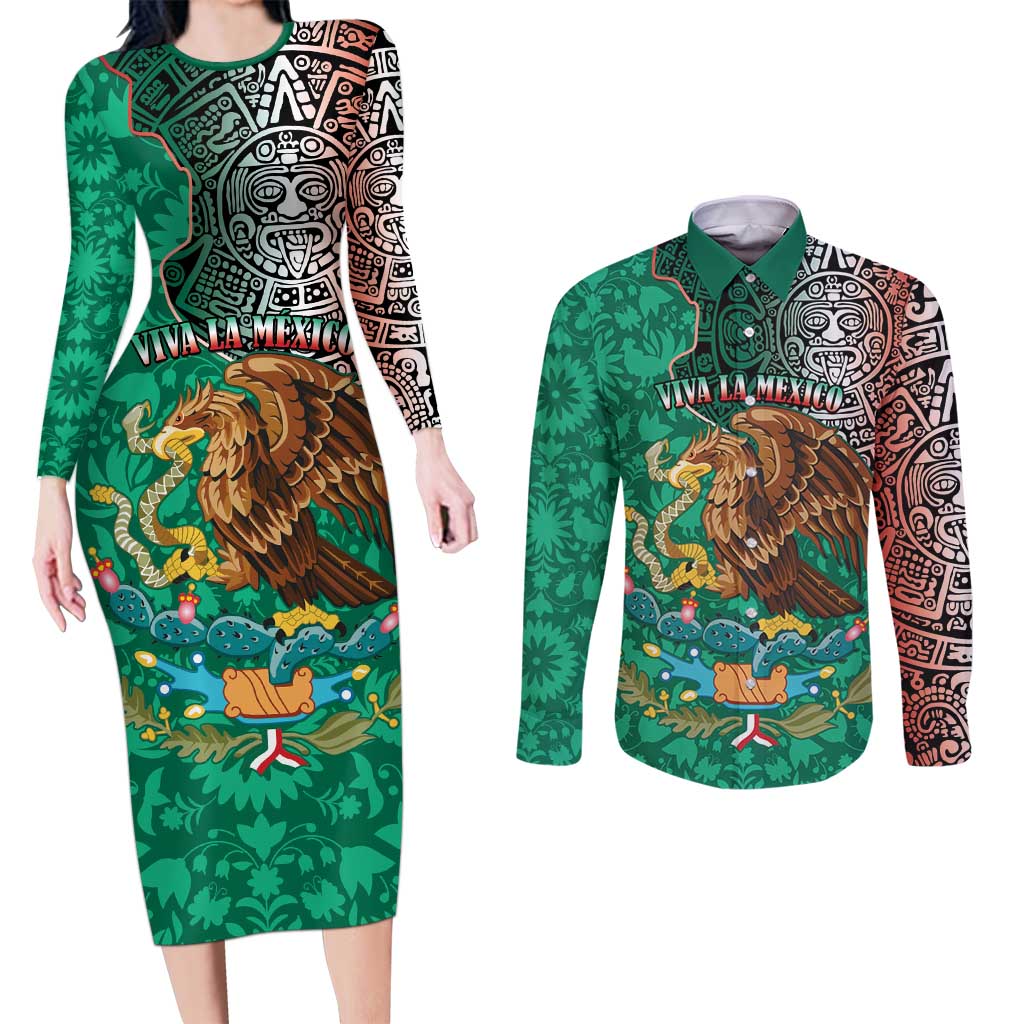 Personalised Viva La Mexico Couples Matching Long Sleeve Bodycon Dress and Long Sleeve Button Shirt Coat Of Arms Aztec Mix Otomi Patterns