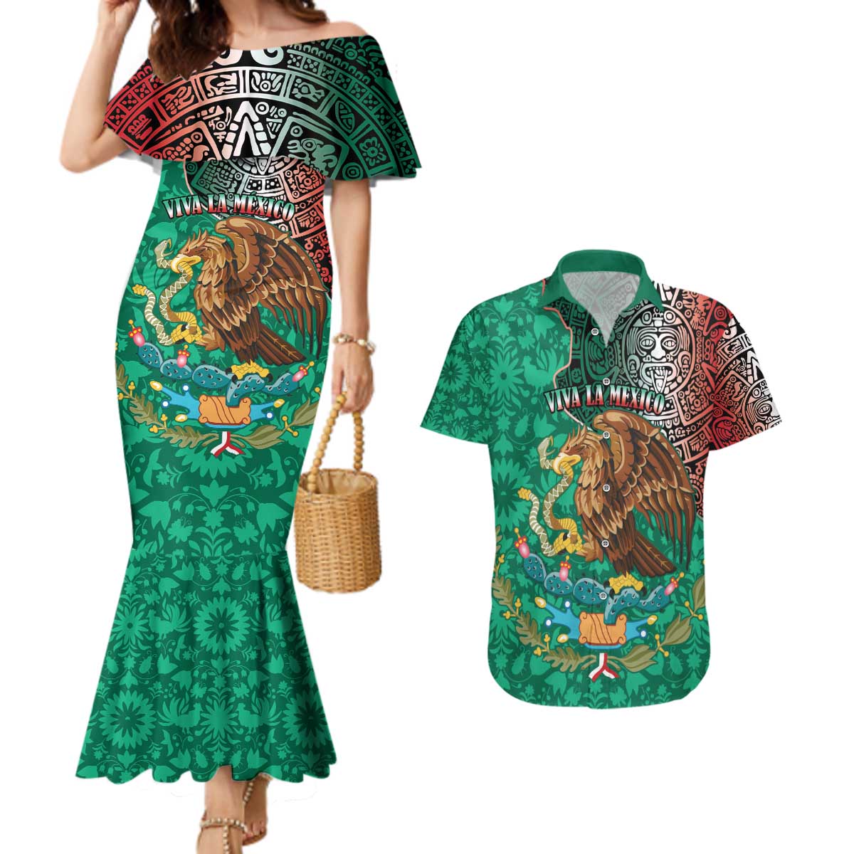 Personalised Viva La Mexico Couples Matching Mermaid Dress and Hawaiian Shirt Coat Of Arms Aztec Mix Otomi Patterns