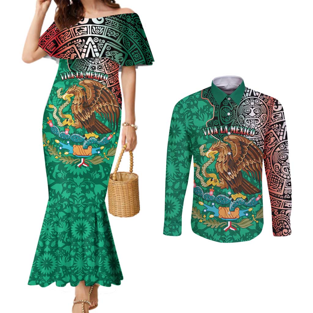 Personalised Viva La Mexico Couples Matching Mermaid Dress and Long Sleeve Button Shirt Coat Of Arms Aztec Mix Otomi Patterns