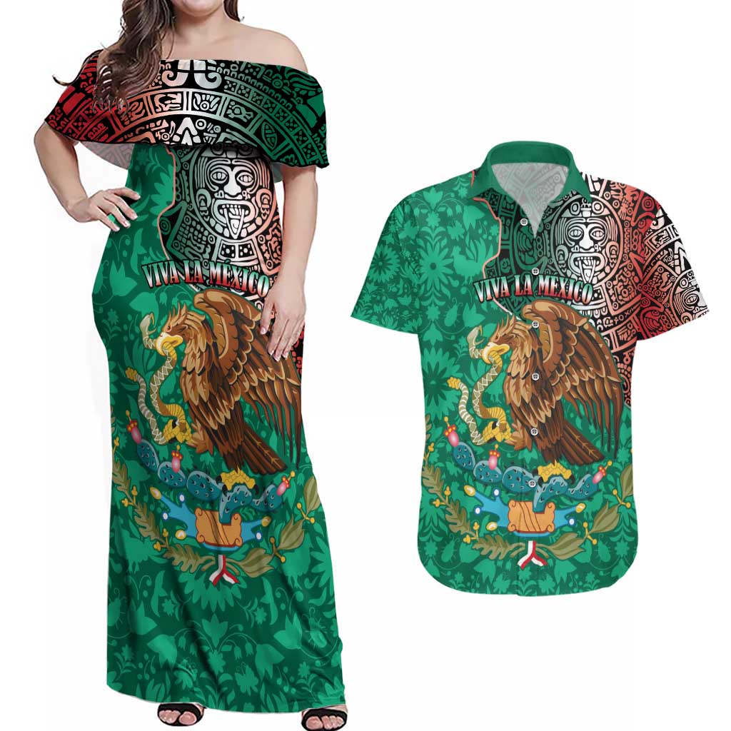 Personalised Viva La Mexico Couples Matching Off Shoulder Maxi Dress and Hawaiian Shirt Coat Of Arms Aztec Mix Otomi Patterns