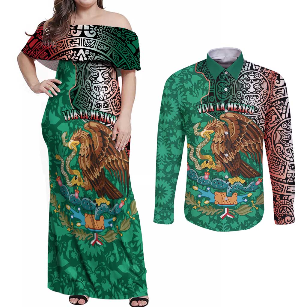 Personalised Viva La Mexico Couples Matching Off Shoulder Maxi Dress and Long Sleeve Button Shirt Coat Of Arms Aztec Mix Otomi Patterns