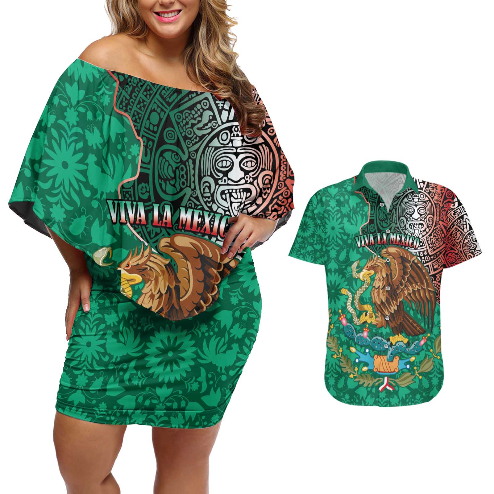 Personalised Viva La Mexico Couples Matching Off Shoulder Short Dress and Hawaiian Shirt Coat Of Arms Aztec Mix Otomi Patterns