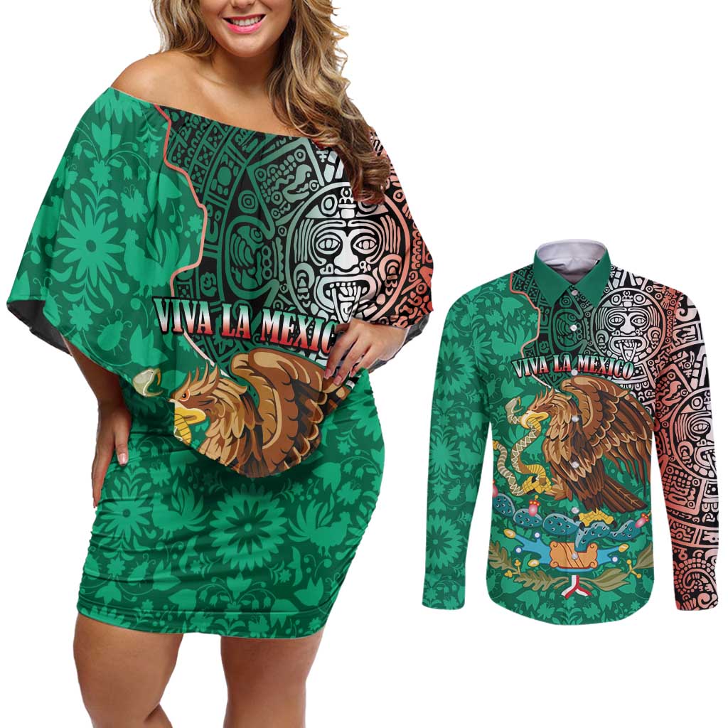 Personalised Viva La Mexico Couples Matching Off Shoulder Short Dress and Long Sleeve Button Shirt Coat Of Arms Aztec Mix Otomi Patterns