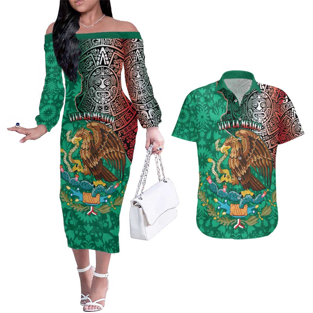 Personalised Viva La Mexico Couples Matching Off The Shoulder Long Sleeve Dress and Hawaiian Shirt Coat Of Arms Aztec Mix Otomi Patterns