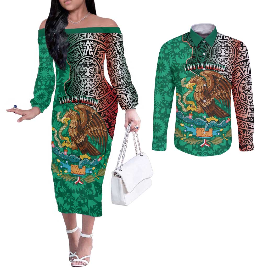 Personalised Viva La Mexico Couples Matching Off The Shoulder Long Sleeve Dress and Long Sleeve Button Shirt Coat Of Arms Aztec Mix Otomi Patterns