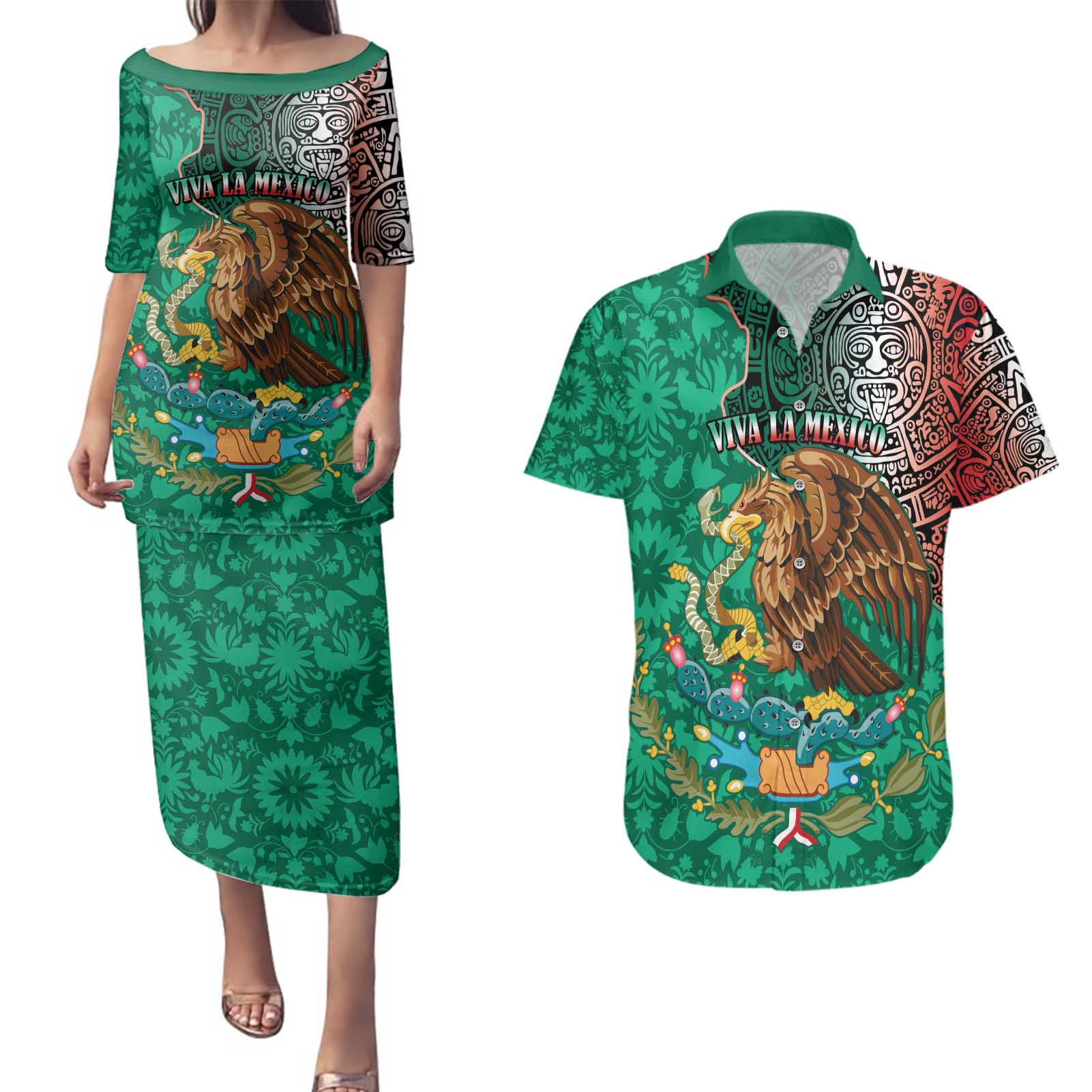 Personalised Viva La Mexico Couples Matching Puletasi and Hawaiian Shirt Coat Of Arms Aztec Mix Otomi Patterns