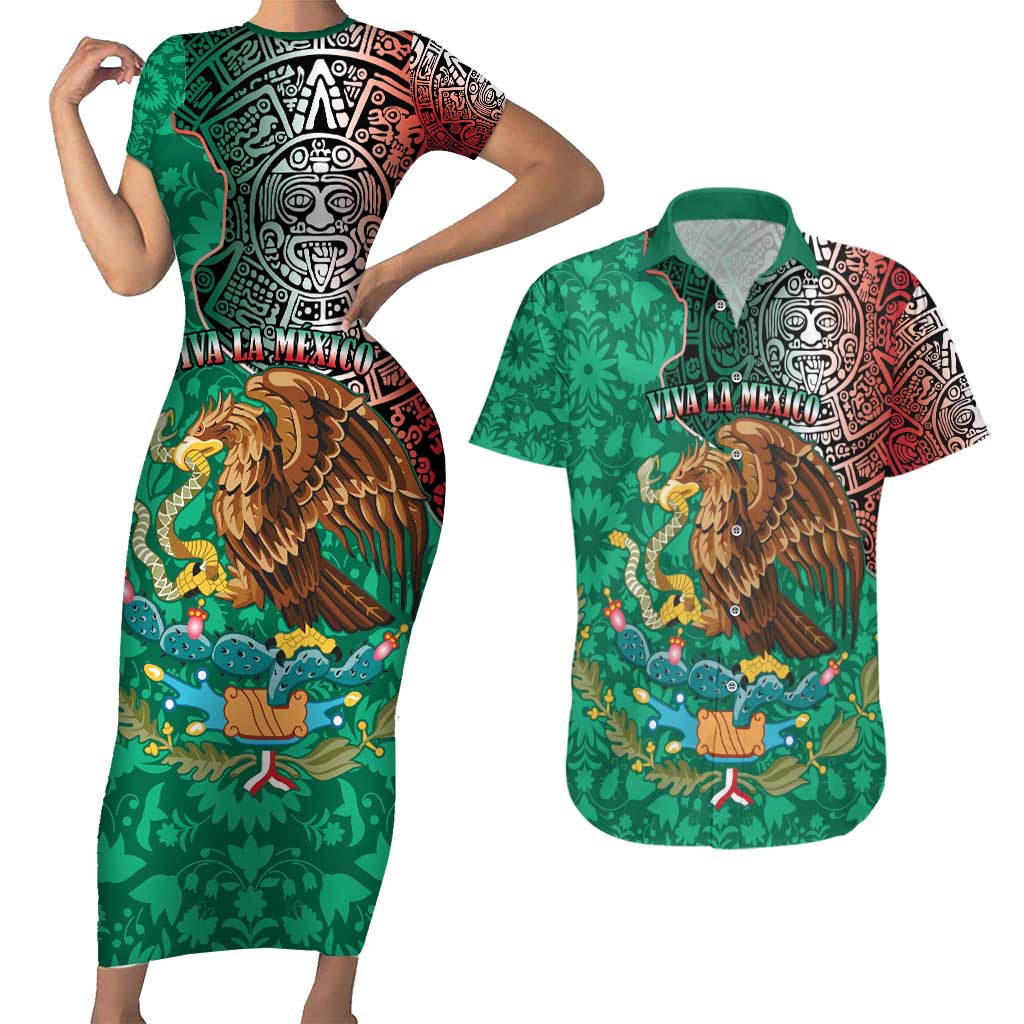 Personalised Viva La Mexico Couples Matching Short Sleeve Bodycon Dress and Hawaiian Shirt Coat Of Arms Aztec Mix Otomi Patterns