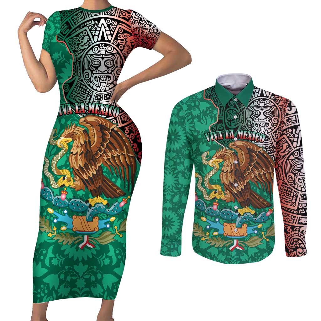 Personalised Viva La Mexico Couples Matching Short Sleeve Bodycon Dress and Long Sleeve Button Shirt Coat Of Arms Aztec Mix Otomi Patterns