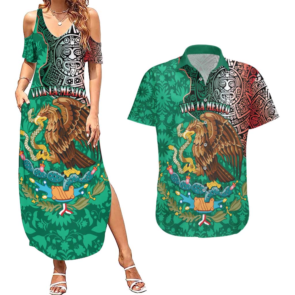 Personalised Viva La Mexico Couples Matching Summer Maxi Dress and Hawaiian Shirt Coat Of Arms Aztec Mix Otomi Patterns