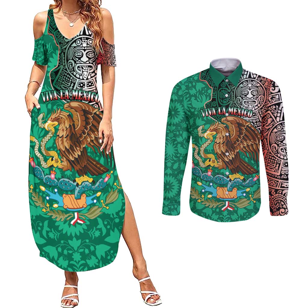 Personalised Viva La Mexico Couples Matching Summer Maxi Dress and Long Sleeve Button Shirt Coat Of Arms Aztec Mix Otomi Patterns