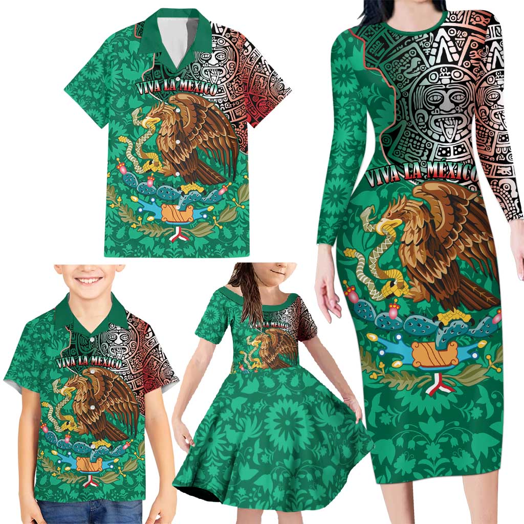 Personalised Viva La Mexico Family Matching Long Sleeve Bodycon Dress and Hawaiian Shirt Coat Of Arms Aztec Mix Otomi Patterns - Wonder Print Shop