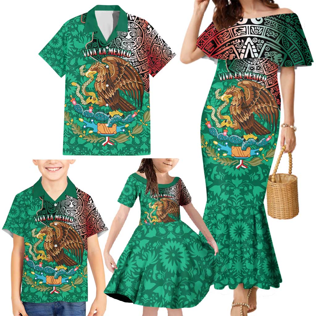 Personalised Viva La Mexico Family Matching Mermaid Dress and Hawaiian Shirt Coat Of Arms Aztec Mix Otomi Patterns - Wonder Print Shop