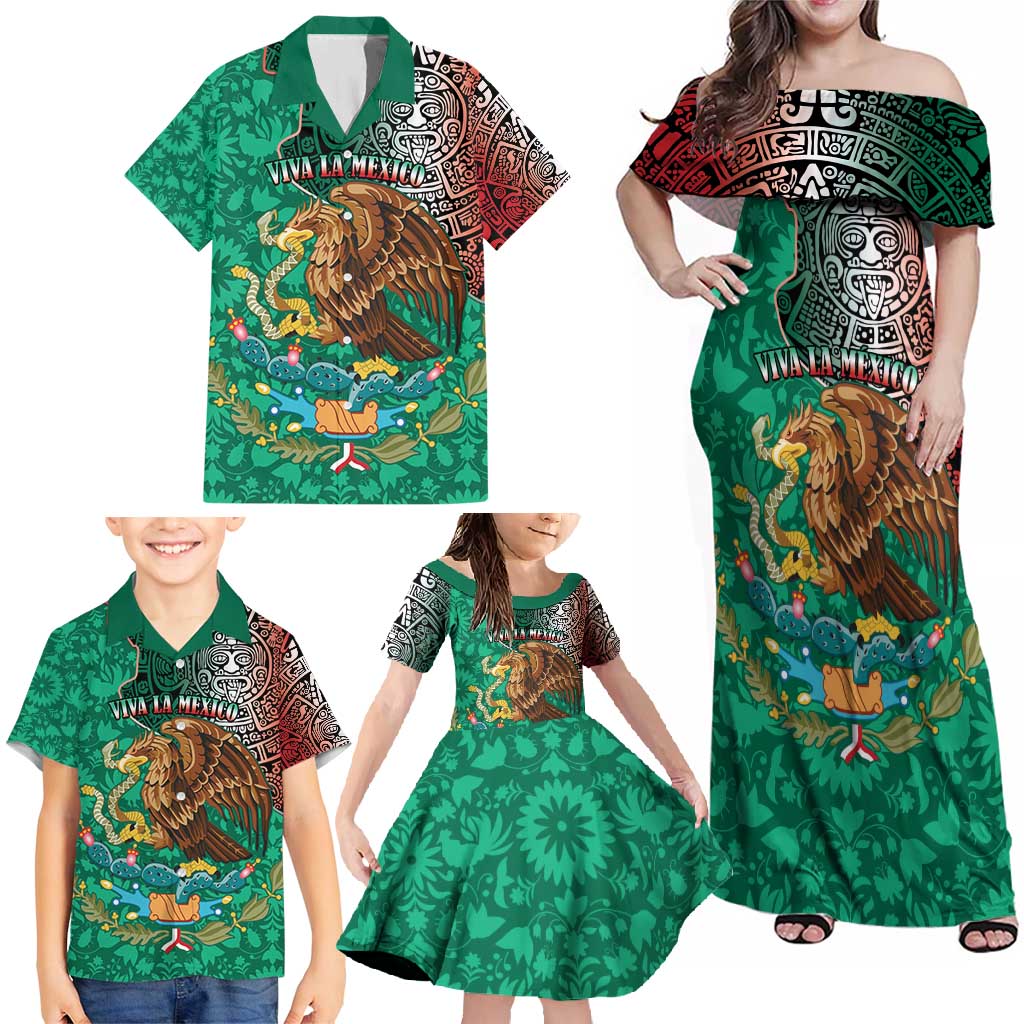 Personalised Viva La Mexico Family Matching Off Shoulder Maxi Dress and Hawaiian Shirt Coat Of Arms Aztec Mix Otomi Patterns - Wonder Print Shop