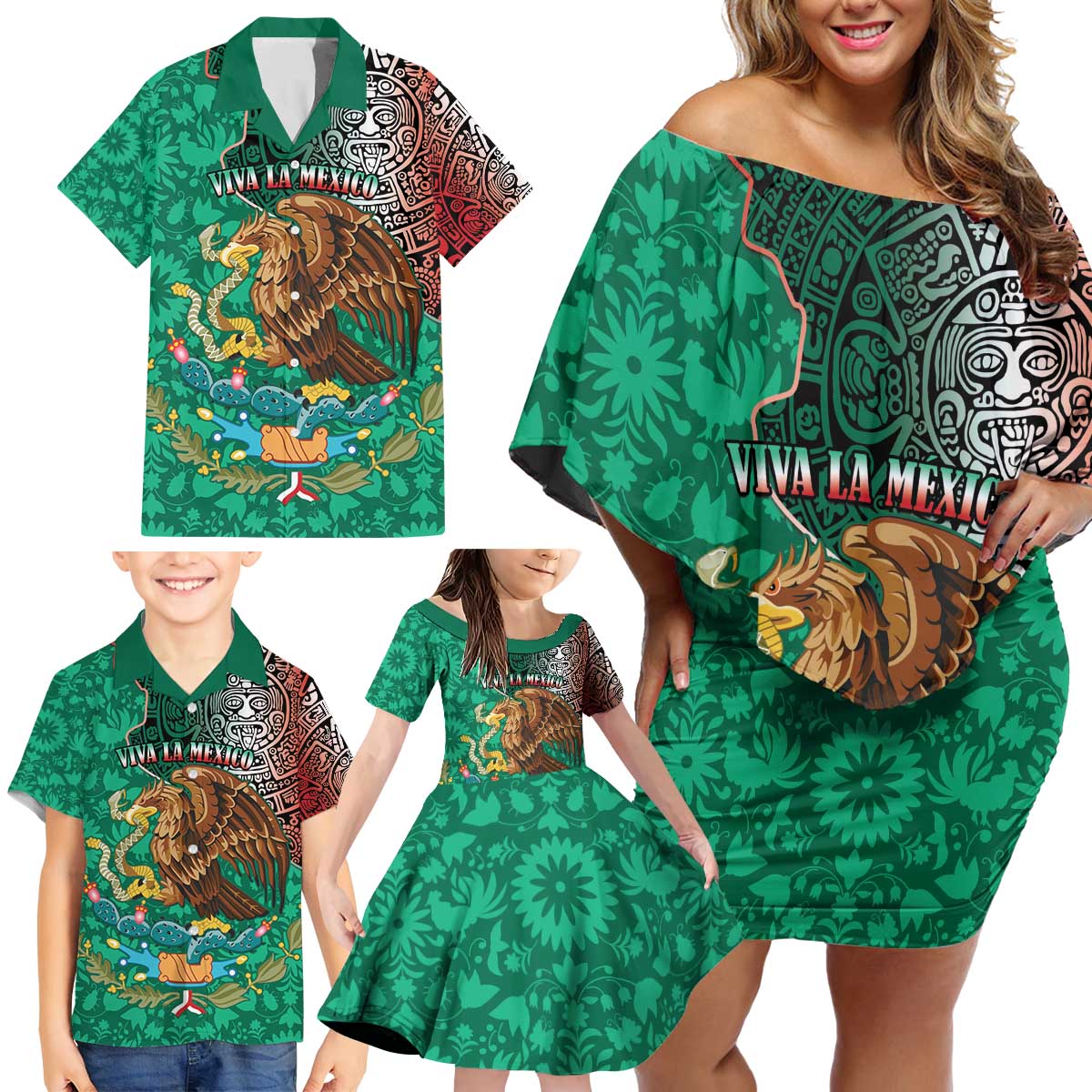 Personalised Viva La Mexico Family Matching Off Shoulder Short Dress and Hawaiian Shirt Coat Of Arms Aztec Mix Otomi Patterns - Wonder Print Shop