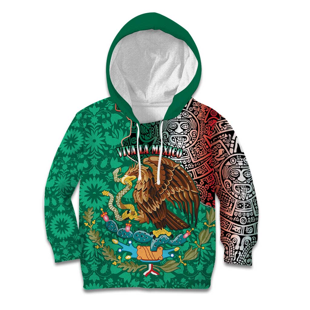 Personalised Viva La Mexico Kid Hoodie Coat Of Arms Aztec Mix Otomi Patterns