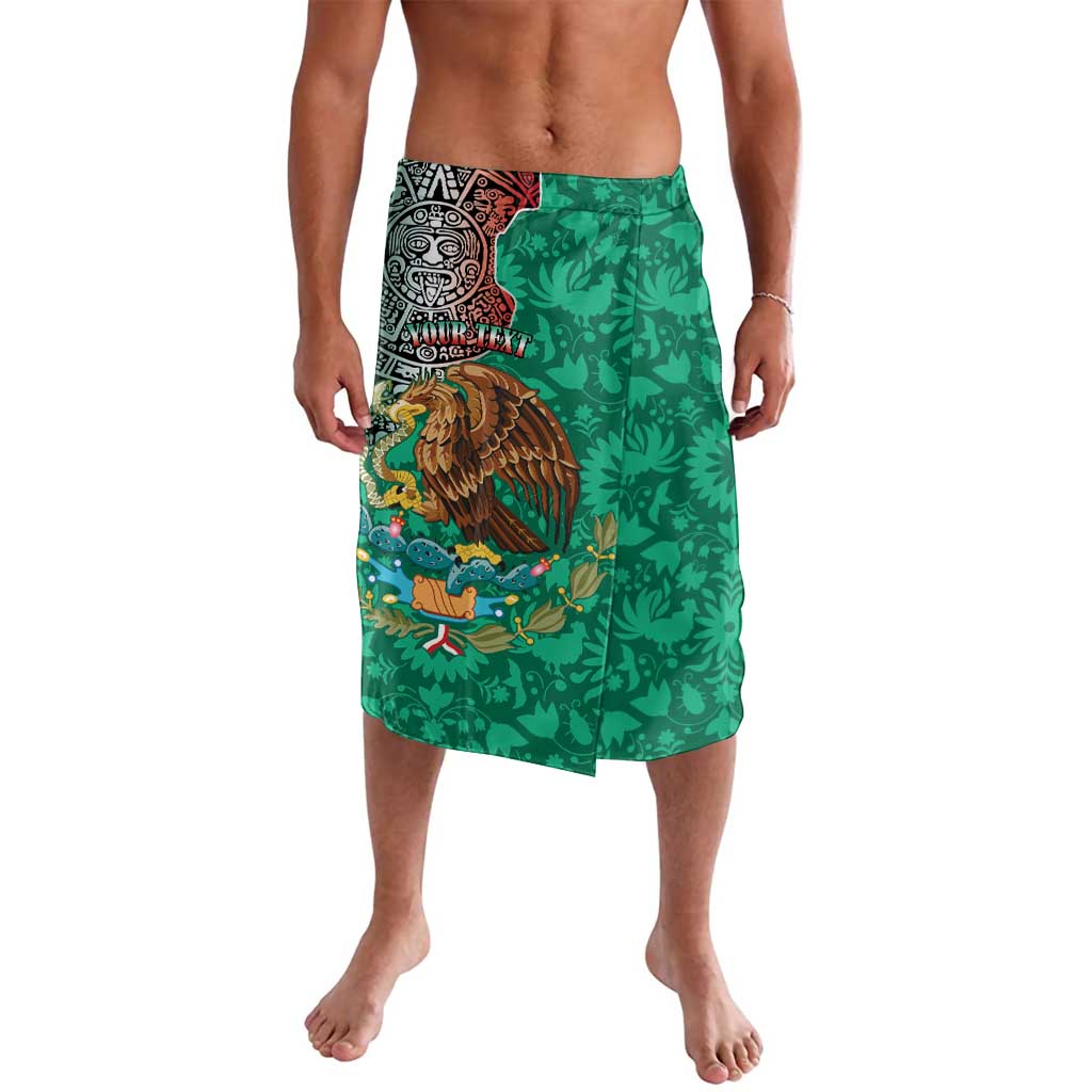 Green patterned sarong skirt with owl-and-emblem graphic, front view