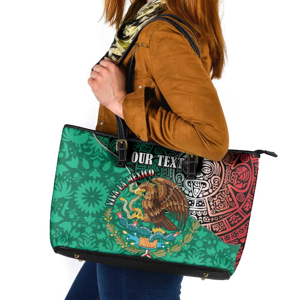 Personalised Viva La Mexico Leather Tote Bag Coat Of Arms Aztec Mix Otomi Patterns - Wonder Print Shop