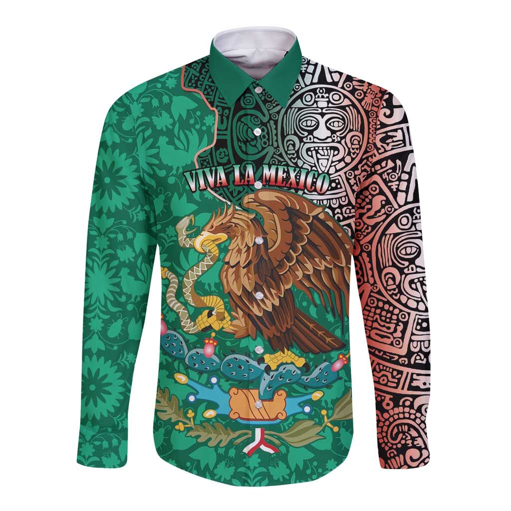 Green long-sleeve button shirt with Aztec-style patterns, eagle crest print, point collar
